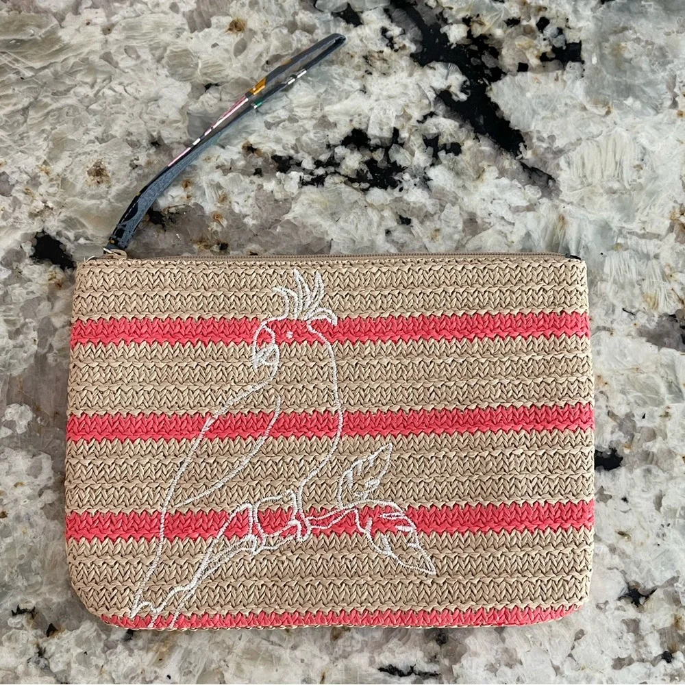 Vera Bradley Natural Straw Wristlet with Coral Stripes